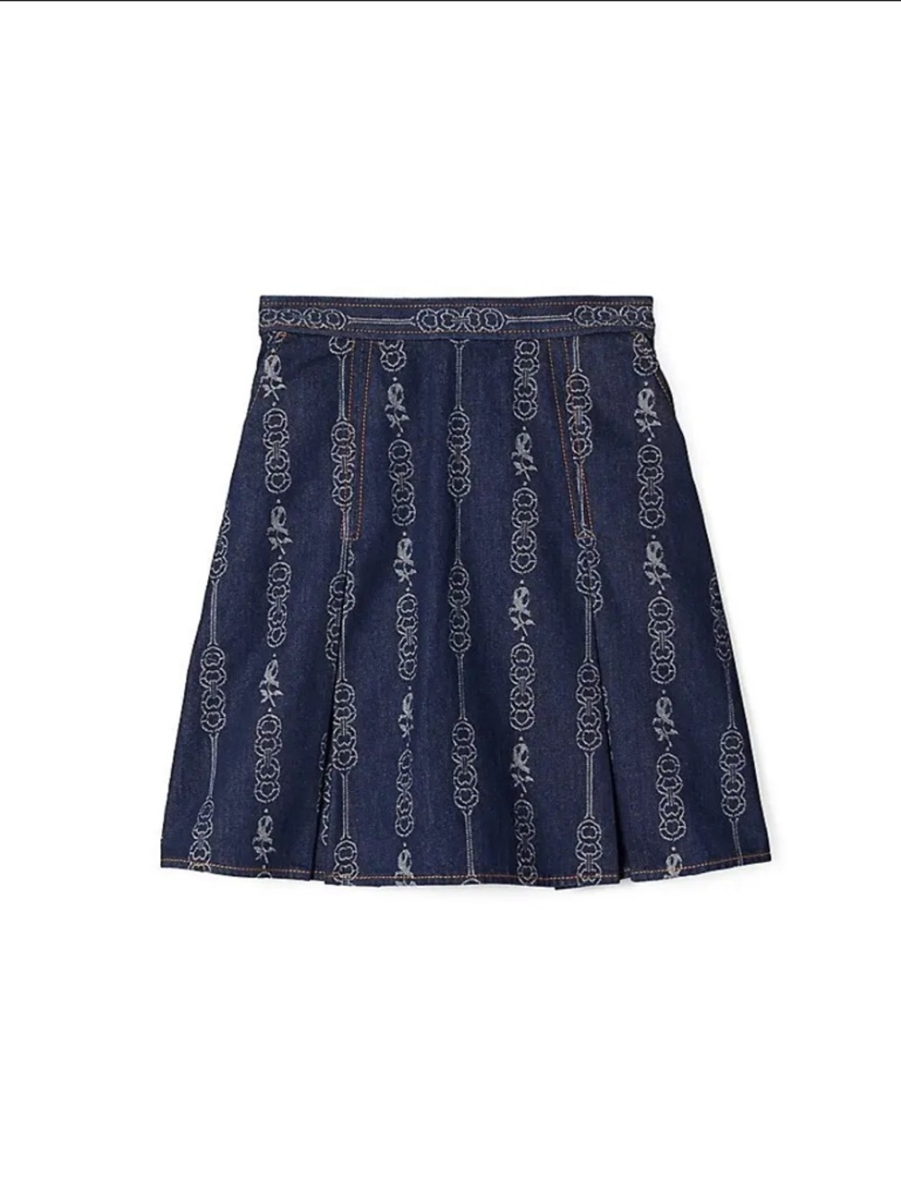 Tory Burch Dark Blue Denim Pleated Skirt with All-Over Chain Motif jacquard